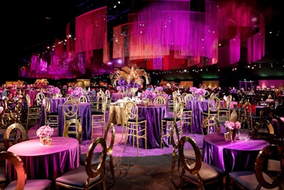 The Governors Ball color palette included shades of eggplant, magenta, blush, and coral—and touches of Emmy-inspired gold. This year, the ball adopted a new philanthropic mission: Through a partnership with furniture store Living Spaces, all furnishings will be donated to Habitat for Humanity and the Hollywood Community Housing Corporation.