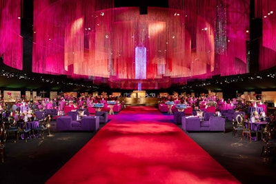 The ball—which had the same decor as the Creative Arts Governors Balls held on September 14 and 15—had a 'Brilliance in Motion' theme, evoking swirling water through a dramatic ceiling installation that used more than 310,000 strands of silk thread and almost 77,000 individual crystals.