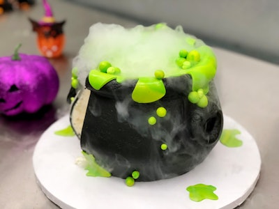Freed's Bakery in Las Vegas—the subject of the Food Network's Vegas Cakes TV show—is offering a selection of elaborate cakes for Halloween. Included is a smoking cauldron cake prepared with bubbling green fondant; the cake comes with instructions for creating a smoky dry-ice effect.