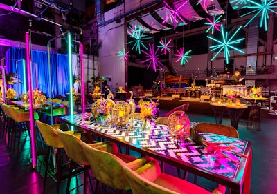 For a V.I.P. lounge, the Zellerbach Rehearsal Hall was transformed with a lush 'Havana Nights' theme. Electric Urchin fixtures from Got Light hung from the ceiling.