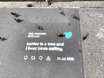 Aside from the candy shop, the campaign included real tweets plastered across sidewalks in New York and San Francisco. Some tweets were rendered in chalk stencils, which drew meta guest appearances from real birds.