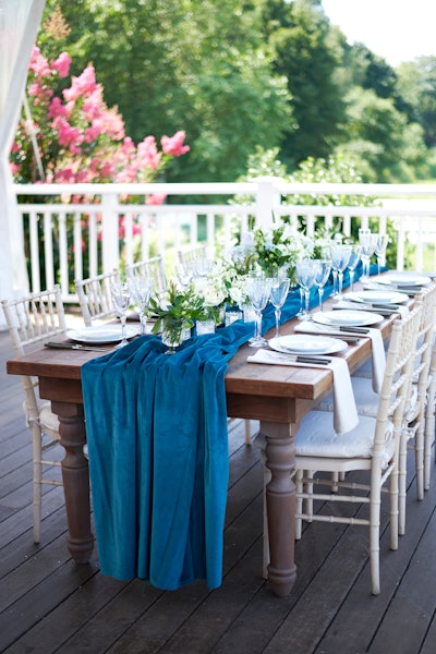 Ruched velvet table runner, price upon request, available nationwide from Party Rental Ltd.