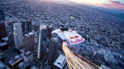 To celebrate the last supermoon of the decade and to ring in the vernal equinox, Red Bull teamed up with the InterContinental Los Angeles Downtown hotel for the first wingsuit jump into downtown L.A. Members of the Red Bull Air Force wore branded, LED-equipped wingsuits while jumping from a helicopter 4,000 feet in the air.