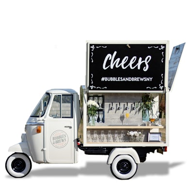 Brooklyn-based Bubbles & Brews’ vintage 1983 Piaggio Ape bar boasts seven on-board taps for serving prosecco, wines, and craft beers and cocktails. Rates start at $2,200; custom branding is available.