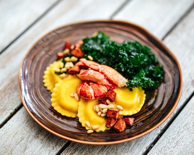 Bird & Bone at the Confidante Miami Beach serves up seasonal items for on-site meetings and events such as butternut squash ravioli with lobster, pine nuts, kale, sorghum brown butter, and sage.