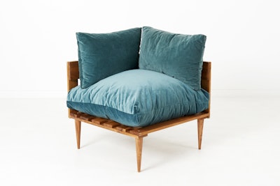 Vita corner chair in peacock blue, $200 per day, available nationwide from Patina Rentals.
