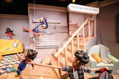 Google's 36,000-square-foot booth at C.E.S. 2019 was a three-minute musical coaster, powered by Google Assistant, that took attendees through a house with an animatronic family. At the end, riders were given a picture, a branded macaron, and a free Google Home Hub redemption code.