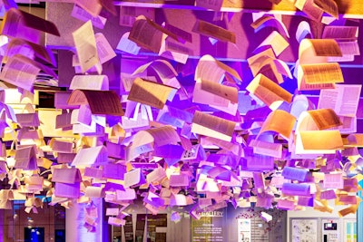 Toronto Public Library's annual Hush Hush fund-raiser featured book-theme decor including a ceiling installation of pages.