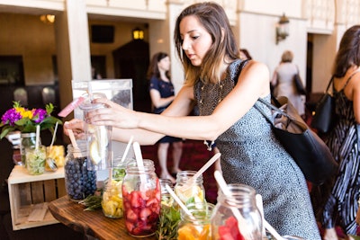 Use session breaks to energize and refresh guests with options such as Wolfgang Puck Catering's spa-water hydration station. Fresh fruit and herbs can be added to water, and combinations include orange, mint, and lemon for an immunity boost; blueberry, apple, and raspberry for an antioxidant boost; and cinnamon and strawberry for a metabolism boost.