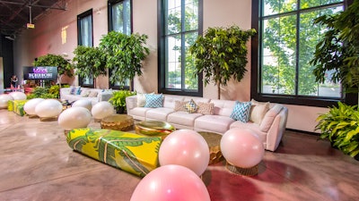 For a 2017 networking event for its employees, Chicago-based Kehoe Designs created a fitness-focused gathering including a workout from Barry's Bootcamp trainers. Decor was a playful-but-stylish take on a fitness theme, with details like orchids anchored to kettlebells as centerpieces, while balance balls set in gilded stands made for unexpected and inventive side chairs; the chairs were custom-fabricated by the Kehoe Designs team. See more: See a Workout That Turned Into a Networking Event
