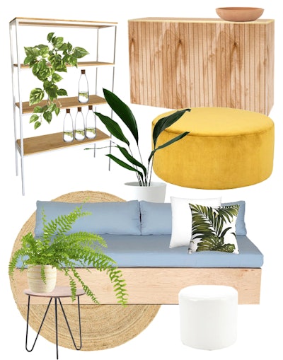 Miami-based Ronen Rental offers a 'Modern Earth' line appropriate for health and wellness-focused events. The items use natural materials and textures such as wood, greenery, and serene blue ocean tones. The collection includes (pictured, clockwise from top left) the Metal Étagère in white ($175); the Wood Paneled Bar with brass trim ($420); the four-foot Round Ottoman in Gold Velvet ($195); and the Meadow Sofa in Light Grey ($350). Accent pillows in Monstera Palm Print ($15) can help complete the look.