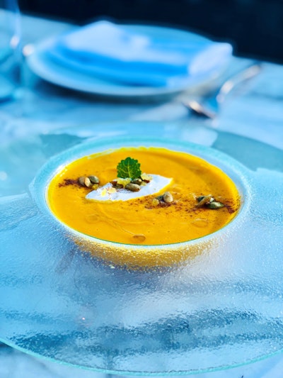 Catch LA’s roasted pumpkin soup with candied pepitas, Austrian pumpkin seed oil, ginger crème fraîche, and fresh white truffle is available through Catch Hospitality Group, which offers off-site catering for events.