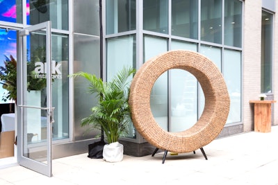 RentQuest in New York offers the Earth Zen Chair, an appropriate choice for outdoor, wellness-focused events. The nine-foot-tall O-shape item, which doubles as a photo op, is made from woven rattan with wooden legs; pricing is available upon request.