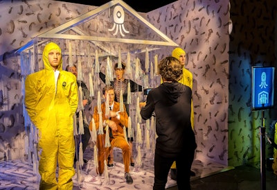 Another nod to the show was a lucite shelter and raining squids, which offered a fun photo op. Slay5 Media handled the event's video and photo activations, and Hit&Run provided a station for silk-screened hoodies bearing the yellow Watchmen logo. DJs Michelle Pesce and Daisy O'Dell performed.