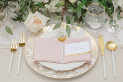 Featured Linen: Parchment with Duchess Overlay and Pastel Pink Poly napkin.