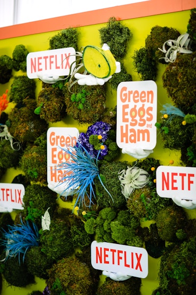 Series stars, including Diane Keaton and Adam Devine, walked the green carpet, which was covered in shrubbery, flowers, and—of course—mechanical arms holding plates of green eggs and ham. Pigsty Studio handled florals, while Jackson Shrub provided all hedging and greenery.