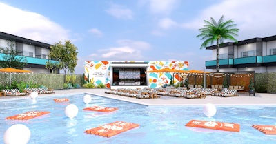 Taco Bell's themed hotel, which took place in Palm Springs from August 8 to 12, included an expansive outdoor pool and deck with floats, lounge chairs, and colorful brand imagery.