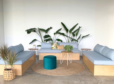 Miami-based Ronen Rental’s new Meadow sofa ($350 each) features simple lines with a maple plywood base and solid cushions and seats up to four people. It’s available for rent in South Florida and Orlando with gray or cream cushions.