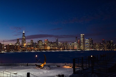 The famous Chicago skyline at night from the Nancy A. Petrovich Skyline Terrace, Photo: Emma Mullins Photography