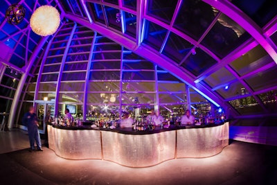 Holiday party bar set-up with the skyline backdrop in the Daniel F. and Ada B. Rice Solarium, Photo: Kehoe Designs