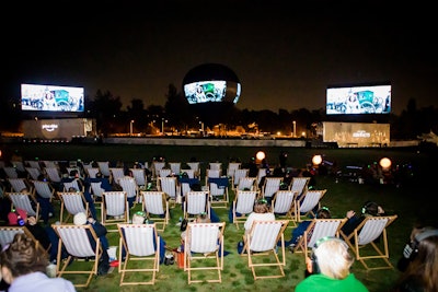 The event also include a screening of the film, projected on the side of a hot air balloon in what organizers call 'the world's first Fly-In Theater.' A flexible LED screen with more than 76,000 pixels wrapped 360 degrees around the balloon, allowing the screen to be viewed from all directions even in daylight conditions. Additional screens flanked the side of the balloon, and viewers used silent disco-style headphones for audio.