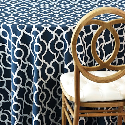 Nuage Designs’ navy Lyon table linen comes in rectangular and round sizes, as well as a runner, with pricing starting at $35. The linen is available for rent through the U.S.