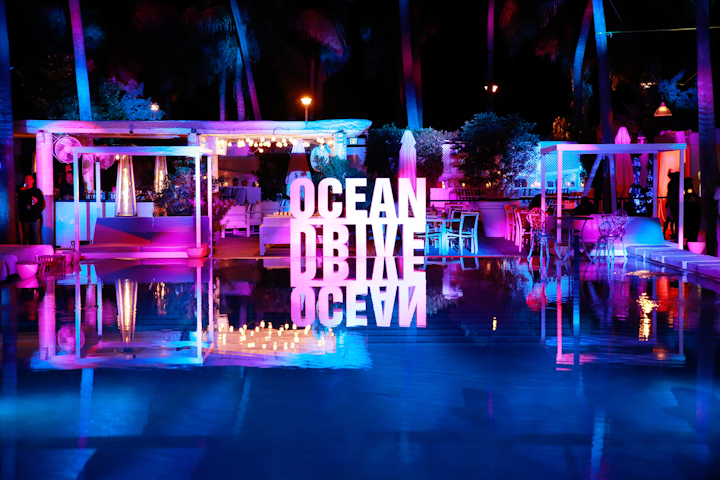 Logo signage reflecting off the pool from Ocean Drive’s Art of the Party event that kicked off the Delano’s festivities on December 3.