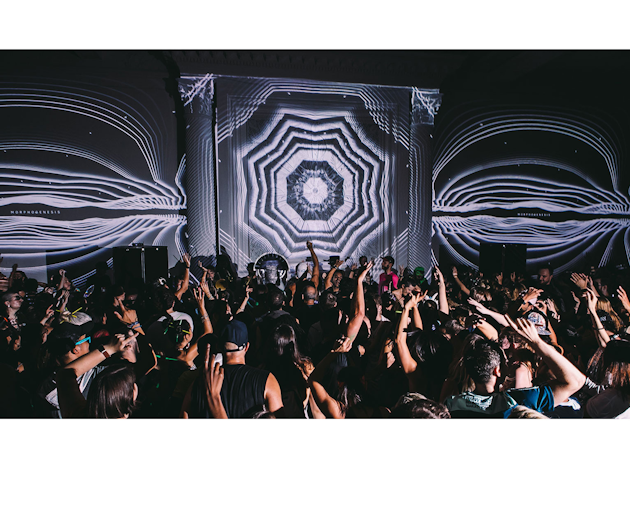 Mezzanine with projection mapped wall.