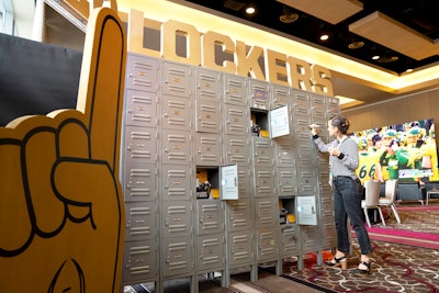 In the hospitality suite, 126 metal lockers created a “swag hub” that guests could visit each day. Guests were also able to have their lockers personalized.