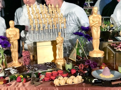 The dessert menu will have more than three-dozen offerings, including the catering company's signature Oscars statue-shape chocolates dusted in 24-karat gold, plus a variety of Guanaja vegan chocolates.