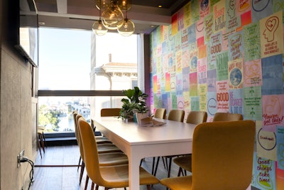 Five separate meeting rooms highlighted what the social media brand called “the five dimensions of inspiration”—each had a distinct, visual design, including a room with risograph art walls and another with swing-set seating. Visitors could also enjoy single-origin coffee, turmeric-infused lattes, and champagne cocktails.