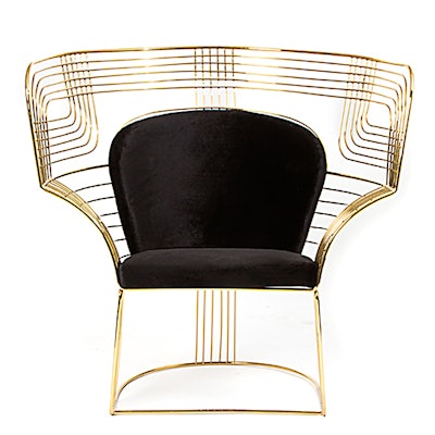The Carter wire chair from High Style Rentals (price upon request) evokes the curvy silhouette of 1920s pieces and is available for rent in the Mid-Atlantic and New England region.