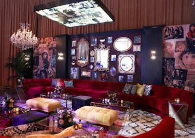 Aerosmith frontman Steven Tyler’s third annual Grammys viewing party—designed by V Productions with production and lighting by 15/40 Productions—had eclectic wall decor including oversize vintage mirrors, framed photos, and collage wallpaper of Tyler.
