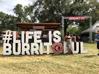 At Austin City Limits in October 2017, Chipotle set up its own food stand separate from the festival’s official food concessions. To help promote the stand, the company created a giant hashtag sculpture noting #LifeIsBurritoful, which offered a fun photo op for attendees. See more: After Las Vegas, How Austin City Limits Changed the Festival Experience