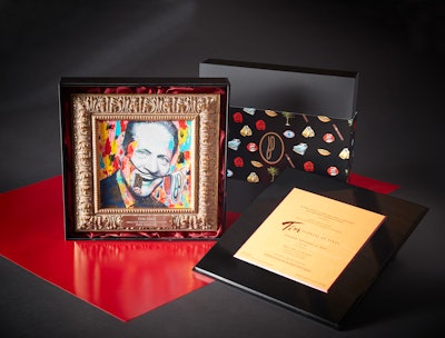 For the invitation, each of the event’s 180 guests received a hand-painted illustration of the guest of honor as Salvador Dalí. It was set in a guilded frame with a brass plaque with each guests’ name etched in. 'The invitation is the keepsake that sets the tone,” said Friedland.