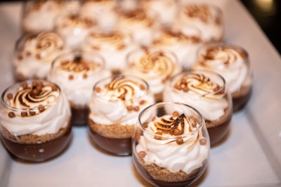 Desserts from Global Gourmet Catering included 'S'mores in a Jar': chocolate cremeux with cinnamon graham streusel topped with toasted vanilla meringue and salted caramel pearls.