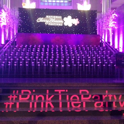 Washington’s Pink Tie Party, which annually serves as the unofficial kickoff of the National Cherry Blossom Festival, took inspiration from cherry trees for its 10th-anniversary event in March 2016. Producers Linder Global Events and Design Foundry added the event hashtag to the main staircase, which served as the stage and backdrop for many photos throughout the night. See more: How to Grow Your Event Footprint Up, Not Out