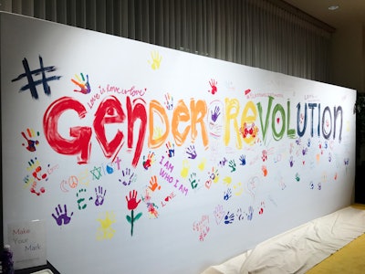 In February 2017, National Geographic hosted a movie premiere for its documentary Gender Revolution in Washington. Before the screening, a white wall with the hashtag #GenderRevolution emblazoned across the middle served as a decor element. Afterward, event producers RJ Whyte Event Production brought out paint and markers for guests to decorate the wall. A mixture of handprints and empowering statements about sexuality and gender identity covered the wall by the event's end. See more: Why Gender Became a Focal Point at These National Geographic Events