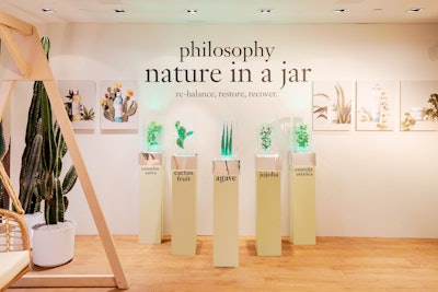 To highlight the desert plant ingredients of Philosophy's new Nature in a Jar product line—as well as the brand's emphasis on freezing fresh plants through a process called cryoextraction—Eventique tapped Okamoto Studio to enclose each plant within blocks of ice for display.