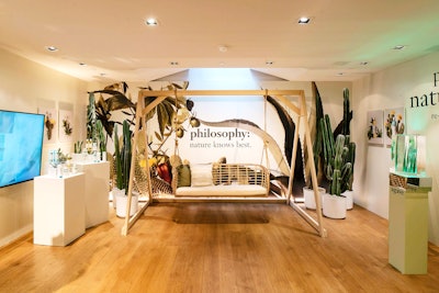 'The focal point of this Nature in a Jar Room was a photo-ready rattan swinging chair, surrounded by cacti and prepped with pillows for influencers to pose with for all their social media picture-taking. The skylight directly above the swing provided natural light,' explained Wielander, who sourced the room's plants from Interior Foliage Design.