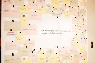 Upon entering the Brand Room, influencers were greeted with a floor-to-ceiling 'wall of philosophies' that had numerous tenets printed to create a giant collage. Guests were encouraged to pick up a note card and add their own philosophy to the wall.