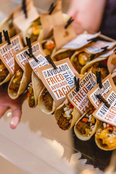 Fried avocado tacos were created special for this event. The clip on each helps guests to pick it up and hold it together, as well as give it a creative menu display.