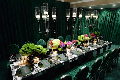 Guests who were invited to attend this intimate 30th anniversary event in New York were surrounded by a deep emerald green hue thanks to Birch Event Design. 'We were inspired to create a velvety jewelry box in which the table would be our diamond,' said Josh Spiegel, president and creative director at Birch Event Design, who didn't shy away from using the color from floor to ceiling for this event. 'We used emerald green for a rich and deep mood, and made sure it was the fabric of the entire evening.'