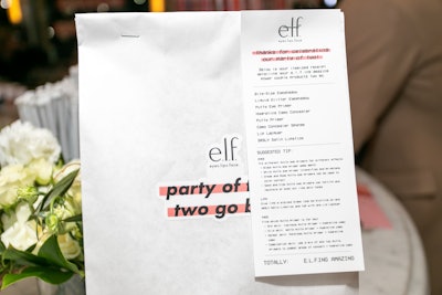 Guests received 'two-go' bags with custom receipts. Instead of a monetary tip, e.l.f. left a beauty tip for the guests.