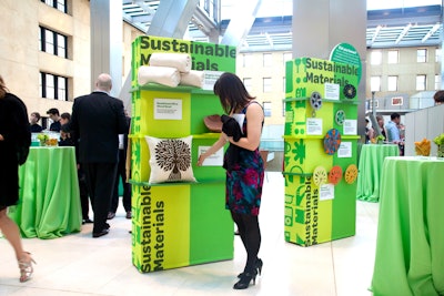 Hearst and eBay called upon 360 Design Events to outfit this event, held within New York's Hearst Tower lobby, with a green-hued gallery of eco-friendly eBay items. '360 Design Events envisioned stylish, contrasting colors of green, which were used as a background to display the eBay items. The bold use of multiple shades of green became an attention-getting exhibit in the calm neutrals of the building architecture,' said 360 Design Events managing director Karla Crespo. The production team also partook in the event's theme of sustainability when it came to the design materials they used: 'The walls were made of hollow panel doors, which were later donated to Rebuilding Together NYC, which repairs homes and revitalizes communities in the area. The fabric that was used to wrap the walls was later donated to Materials for the Arts that recycled gently used or over-ordered materials.'