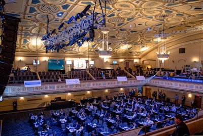 Tech conference in Grand Ballroom set with half rounds.