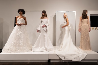 Celebrated Canadian bridal gown designer Rita Vinieris (whose fall 2019 collection is pictured here) has launched a campaign to raise money and sew facial masks to help protect healthcare workers in Canada and the U.S.
