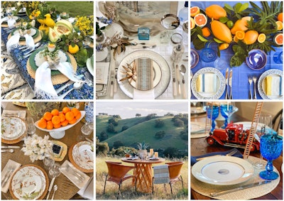 A selection of tabletop designs from the #DreamersAlwaysDream challenge on Instagram. Clockwise from top left: Mindy Rice Floral and Event Design, Ed Libby & Co. Events, Robbins Otoya Destinations, Bryan Rafanelli, Jose Villa and Joel Serrato, and Rishi Patel.