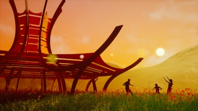 Silhouetted figures within the virtual landscape danced during performances.