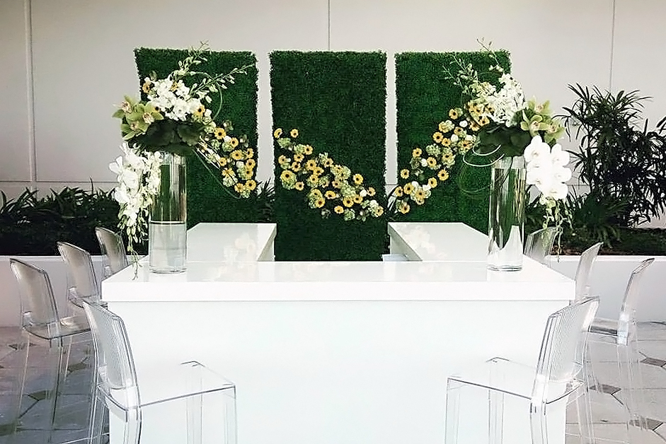 Acrylic Bars with Ghost Barstools and Hedge Wall